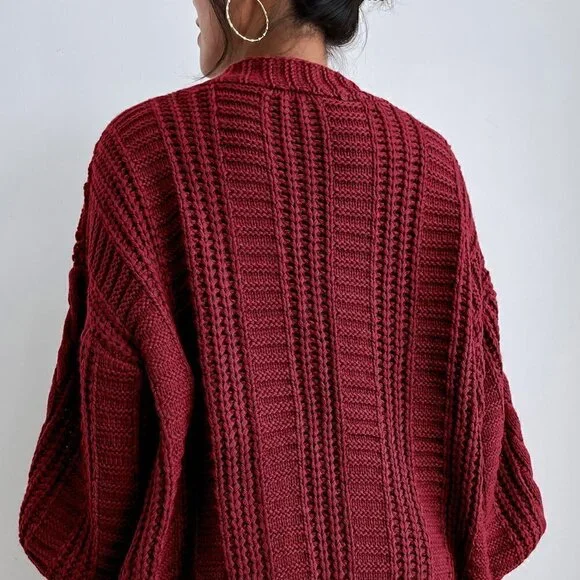 Burgundy Casual Womens Bishop Sleeve Button Up Cardigan - Picture 2 of 5